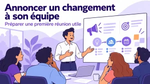 Illustration d’un manager présentant un changement et ses prochaines étapes à son équipe.