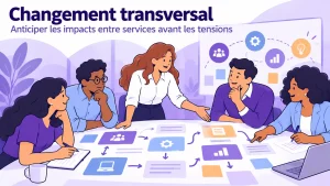 Illustration d’un atelier interservices pour repérer les interactions et les impacts d’un changement transversal.
