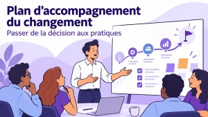 Illustration d’une équipe préparant les étapes d’un plan d’accompagnement du changement.