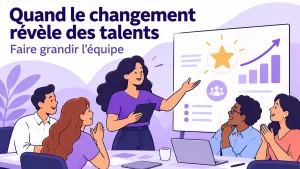Illustration d’une agente présentant ses idées et ses nouvelles compétences à une équipe attentive.