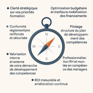 Infographie en forme de boussole présentant les sept bénéfices clés du Diag’Compétences PME-PMI : clarté stratégique, conformité, optimisation budgétaire, pilotage, professionnalisation RH, valorisation et ROI mesurable.