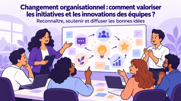 Illustration d’un collectif partageant, expérimentant et reconnaissant les initiatives qui améliorent le travail pendant un changement.