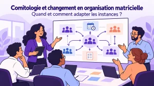 Illustration d’une équipe réexaminant ses comités, leurs interactions et le calendrier des décisions dans une organisation matricielle.