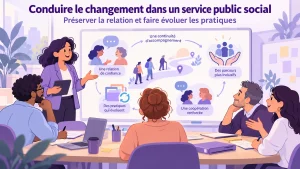 Illustration d’une équipe du service public social travaillant sur la confiance, la continuité des parcours et l’évolution des pratiques.