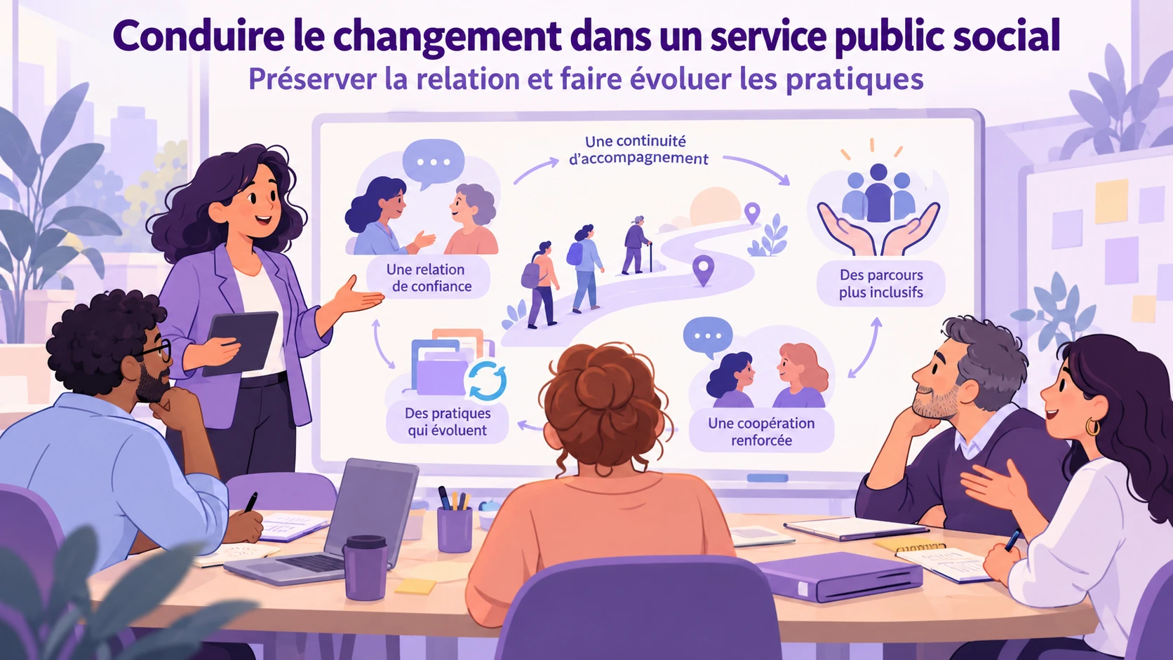 Illustration d’une équipe du service public social travaillant sur la confiance, la continuité des parcours et l’évolution des pratiques.