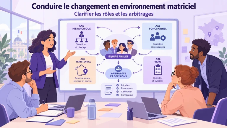 Illustration d’une équipe coordonnant les axes hiérarchique, fonctionnel, territorial et projet pour clarifier les décisions.