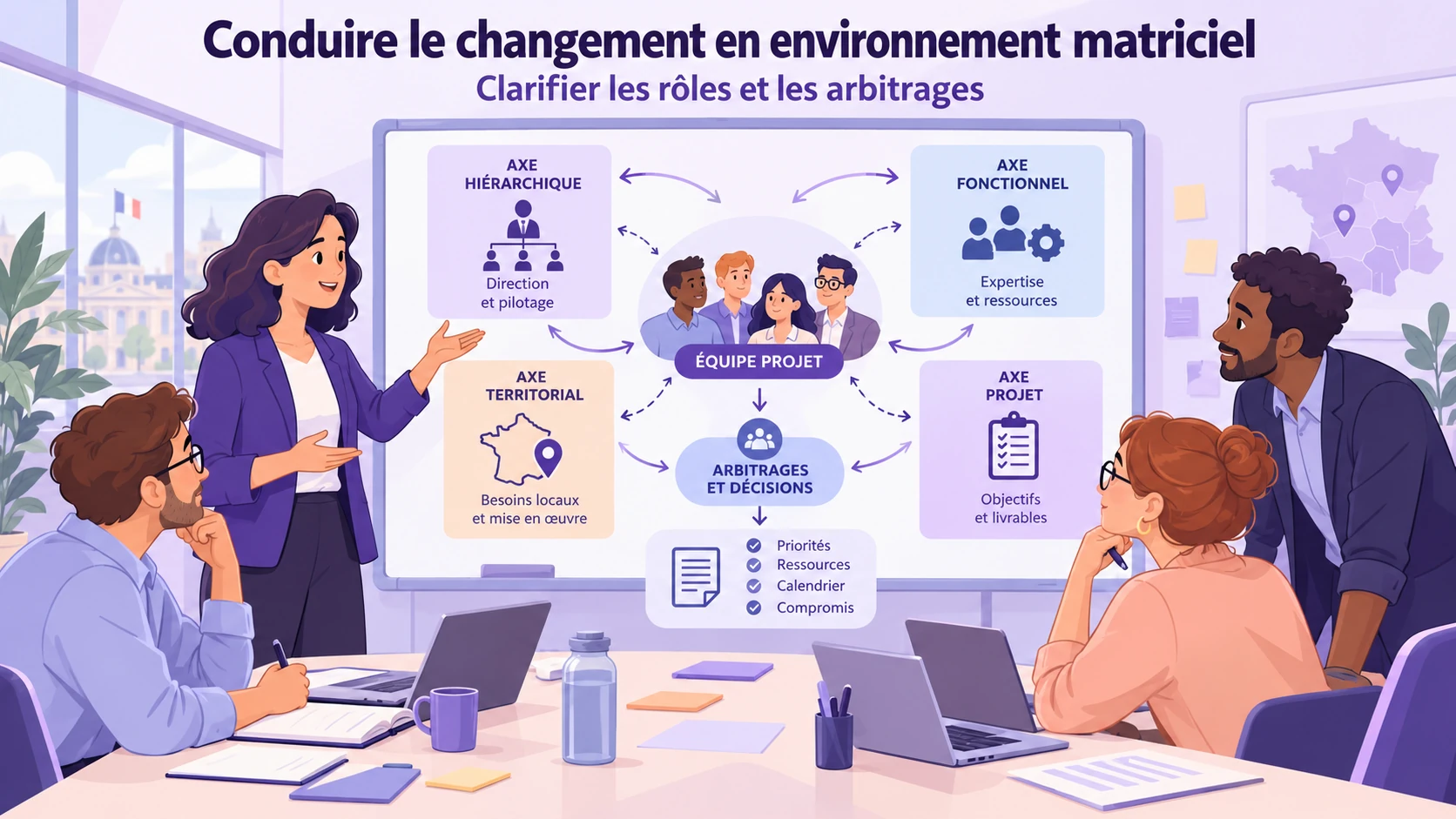 Illustration d’une équipe coordonnant les axes hiérarchique, fonctionnel, territorial et projet pour clarifier les décisions.
