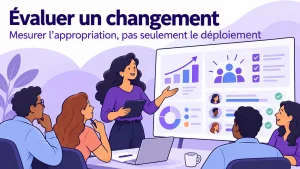 Illustration d’une équipe analysant les indicateurs d’appropriation et les résultats d’un changement.