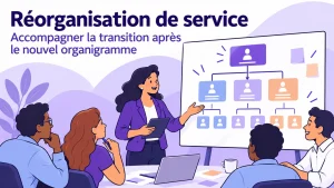 Illustration d’une équipe échangeant sur les responsabilités et la transition vers un nouvel organigramme.