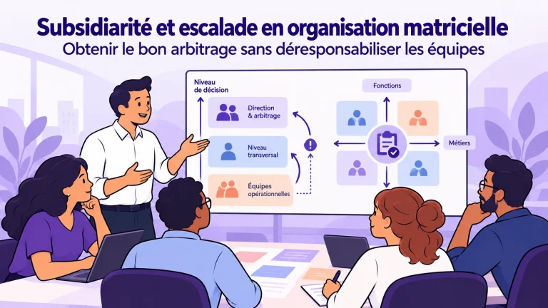 Illustration des circuits de demande d’arbitrage hiérarchiques, transversaux et fonctionnels lorsque la décision dépasse le mandat de l’équipe.