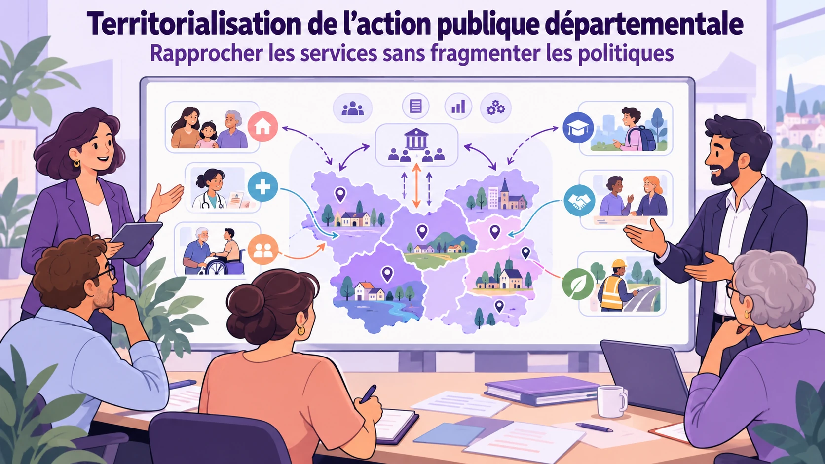 Illustration de services départementaux et de territoires reliés pour coordonner les politiques publiques et les services de proximité.