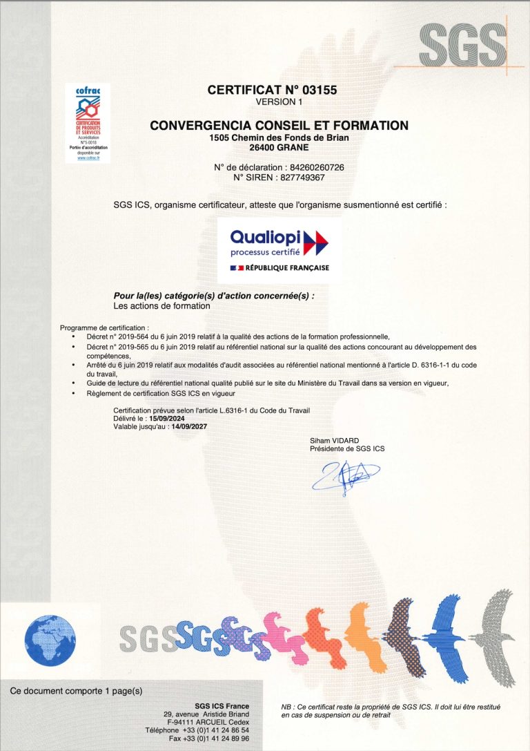 Certification QUALIOPI prévue selon l'article L.6316-1 du Code du Travail