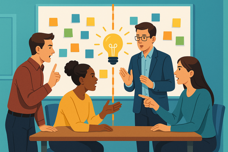 Illustration d’une équipe transformant un désaccord en idée innovante, symbole du conflit créatif.