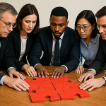 Gestion des conflits : cinq managers collaborent autour d’un puzzle rouge pour résoudre un problème d’équipe au travail.