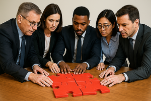 Gestion des conflits : cinq managers collaborent autour d’un puzzle rouge pour résoudre un problème d’équipe au travail.