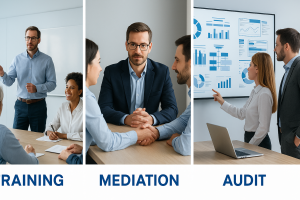 Bannière triptyque : formation en management, séance de médiation interne et audit organisationnel, symbolisant les trois services Convergencia Conseil.