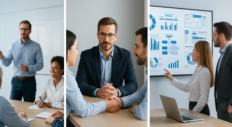 Bannière triptyque : formation en management, séance de médiation interne et audit organisationnel, symbolisant les trois services Convergencia Conseil.