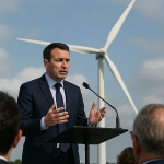 Homme en costume prenant la parole en extérieur devant un public, avec une éolienne en arrière-plan lors d’une présentation publique liée à un projet d’énergie renouvelable.
