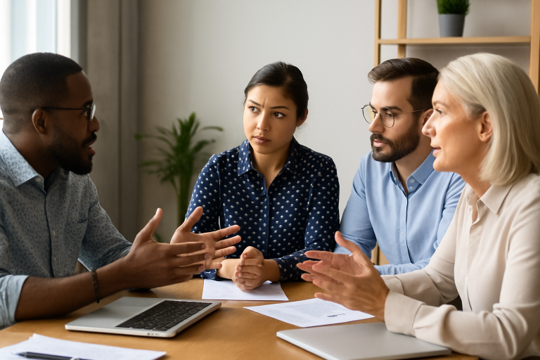 Quatre professionnels d’origines diverses échangent autour d’une table dans un bureau lumineux, symbolisant une gestion constructive des conflits en entreprise.