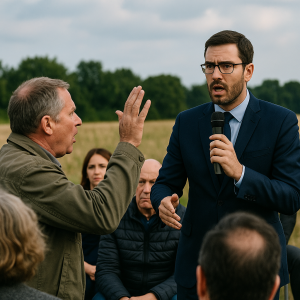 Chef de projet ENR répondant à un participant virulent lors d’une réunion publique en extérieur, dans un contexte de tension sur un projet d’énergie renouvelable.