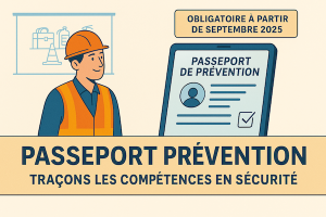 Illustration du Passeport prévention obligatoire en 2025 : un travailleur en gilet de sécurité consulte un passeport numérique des formations en santé et sécurité au travail