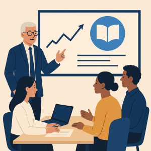 Illustration professionnelle représentant une réunion de formation entre un consultant et un DRH, autour d’une table, avec un graphique de progression en arrière-plan.