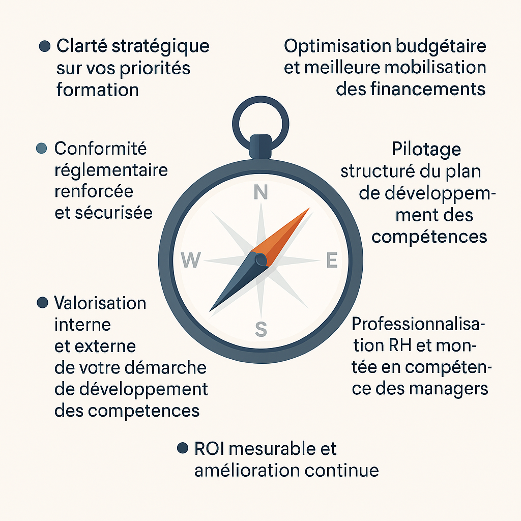 Infographie en forme de boussole présentant les sept bénéfices clés du Diag’Compétences PME-PMI : clarté stratégique, conformité, optimisation budgétaire, pilotage, professionnalisation RH, valorisation et ROI mesurable.
