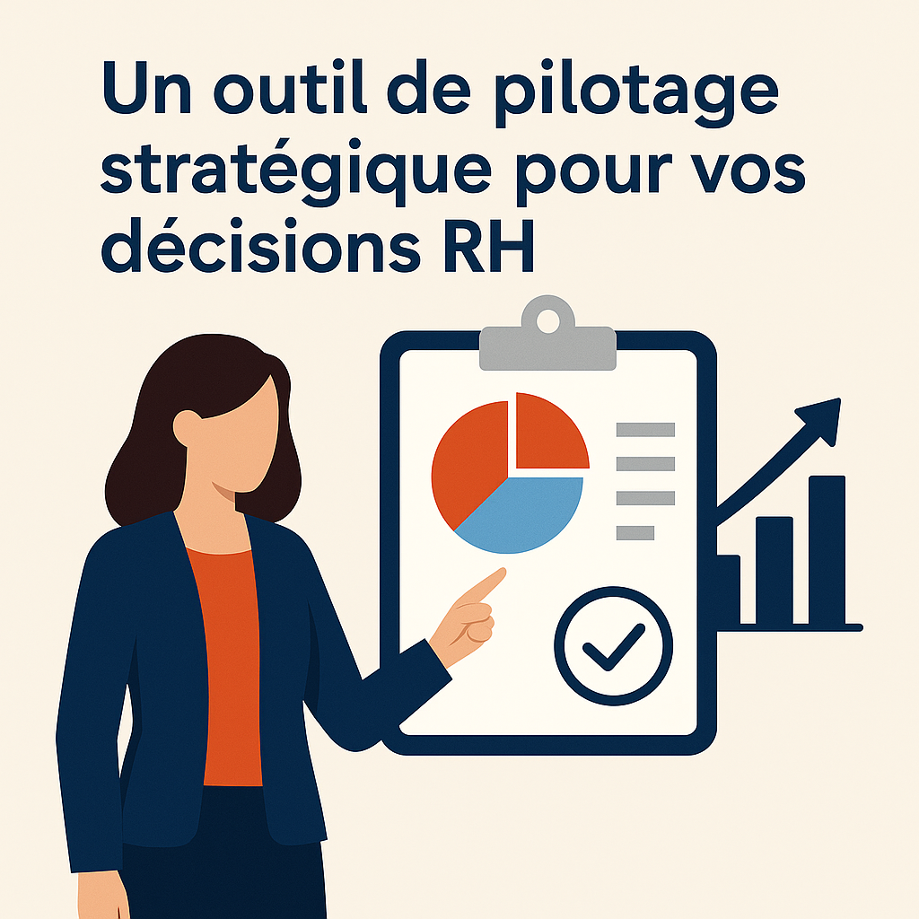 Illustration d’un consultant et d’un responsable RH analysant un tableau de bord de compétences et de formation, symbolisant un outil de pilotage stratégique pour les décisions RH.