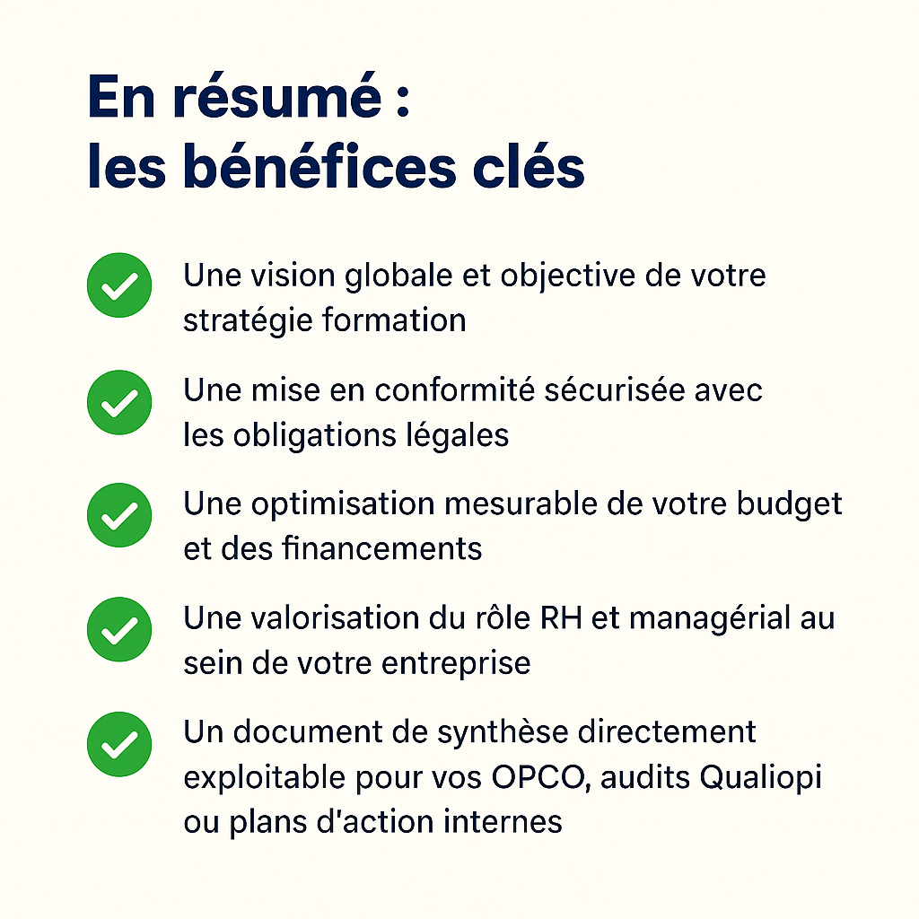 Infographie présentant les cinq bénéfices clés du Diag’Compétences PME-PMI : vision globale, conformité légale, optimisation du budget, valorisation RH et livrable exploitable pour les OPCO et Qualiopi.