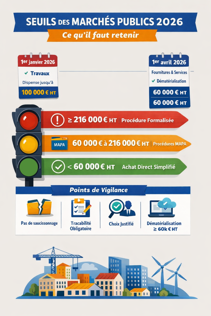 Infographie seuils des marchés publics 2026 avec montants 60 000 €, 100 000 € et 216 000 € et règles de procédure